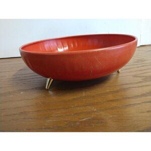 Mid-Century Modern Red Orange Bowl With Brass Legs By Fricke & Nacke Design By M